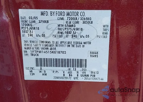 2005 Ford F-150 Fx4/Lariat/Xlt z USA, uszkodzony, nr VIN 1FTPW14515KE18703